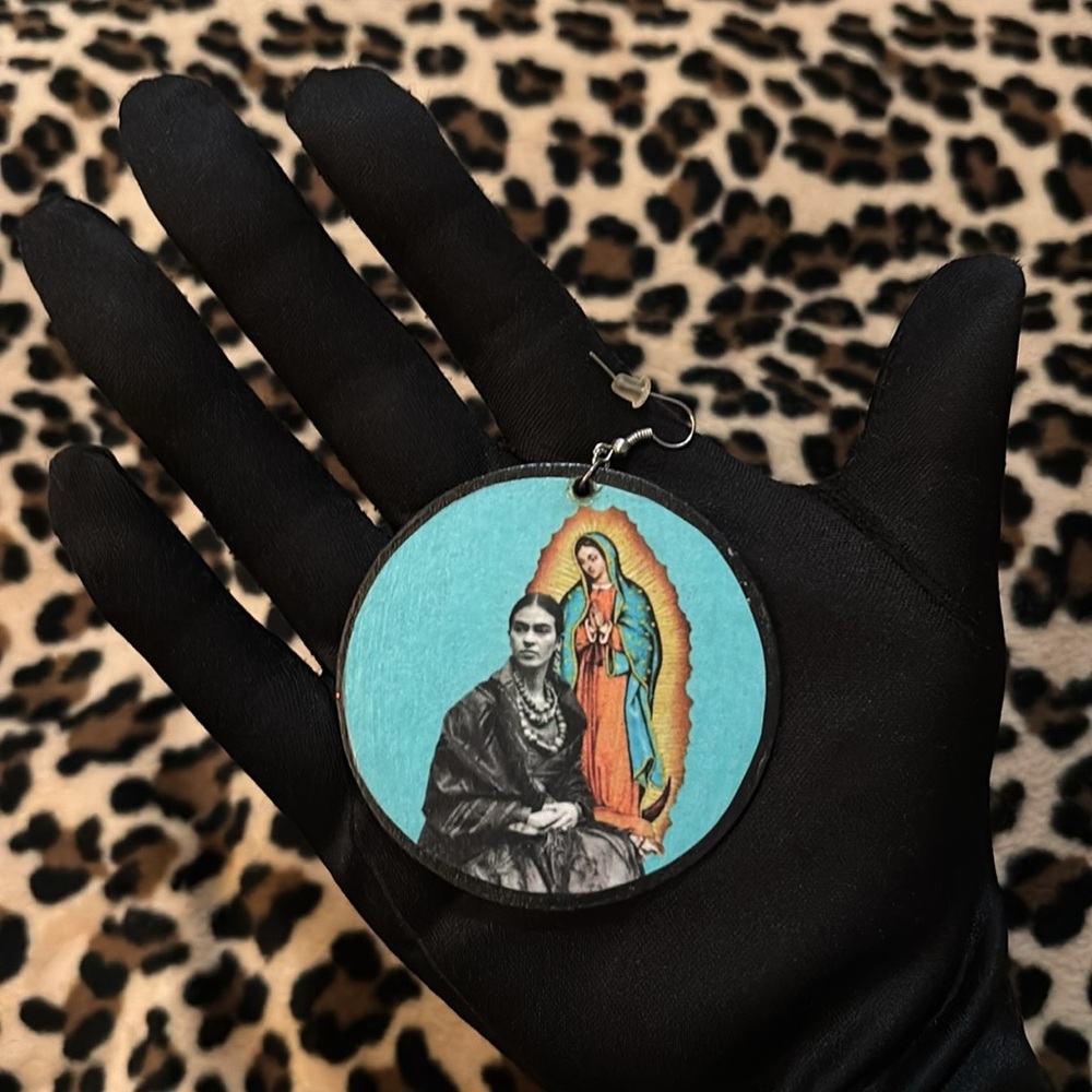 FRIDA KAHLO ♥️ Virgin Mary Wood Earrings Handmade Mexican Artist Guadalupe Icon - Picture 4 of 14